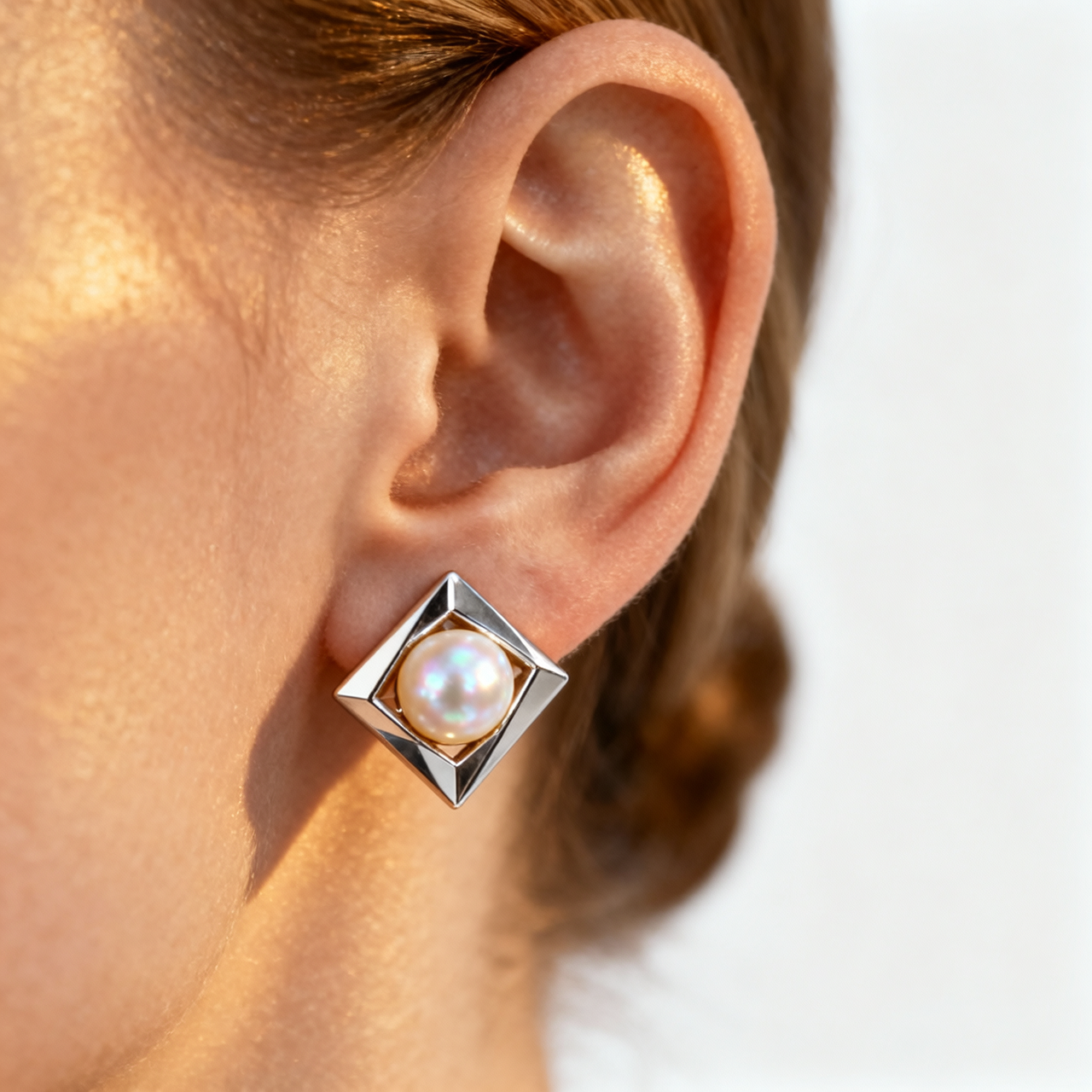 Geometric Pearl Stud Earrings – 18K Gold Plated | CELUXE Modern Minimalist Jewelry