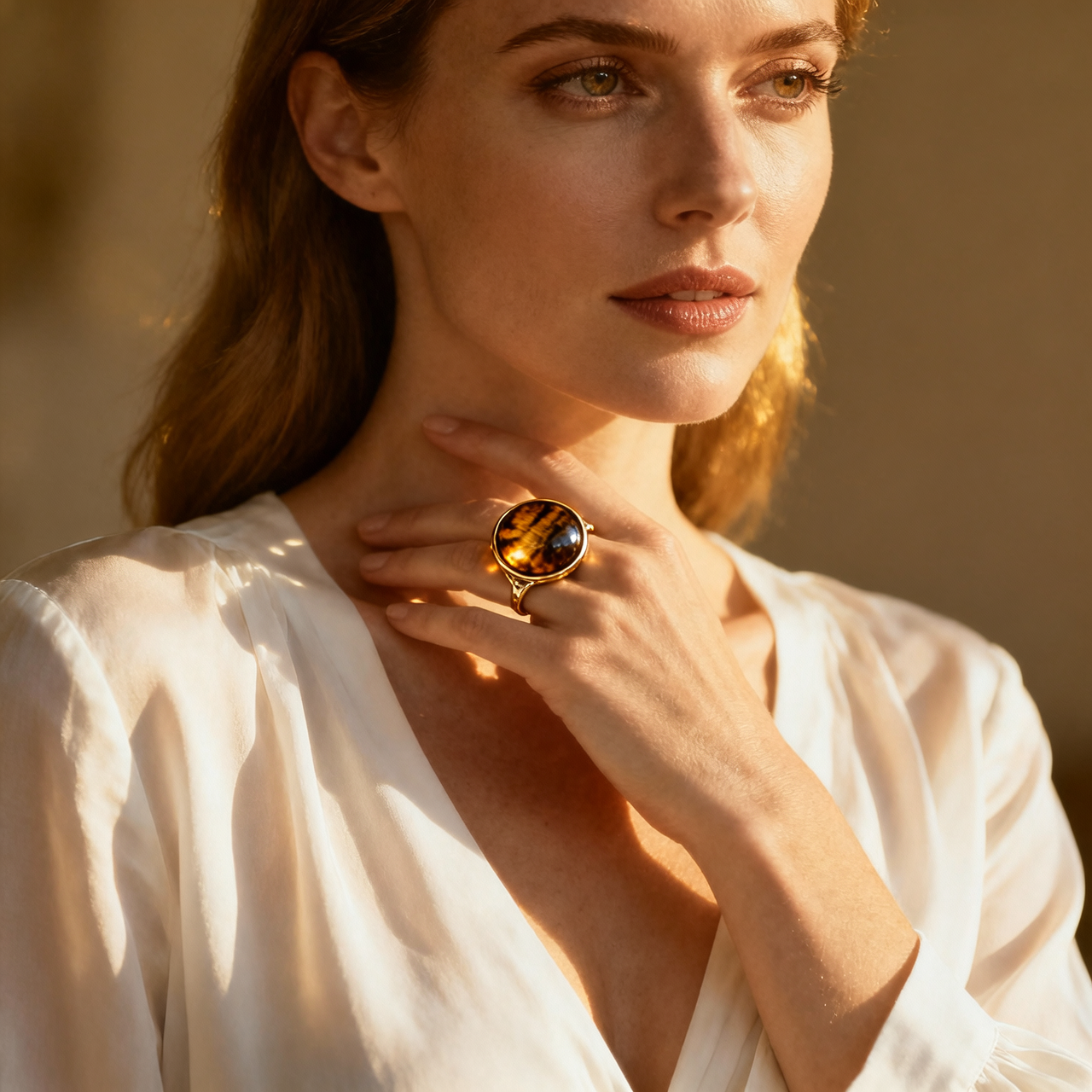 Tiger Eye Beaded Stacking Ring – 18K Gold Plated | CELUXE Boho-Chic Statement Ring - Image 2